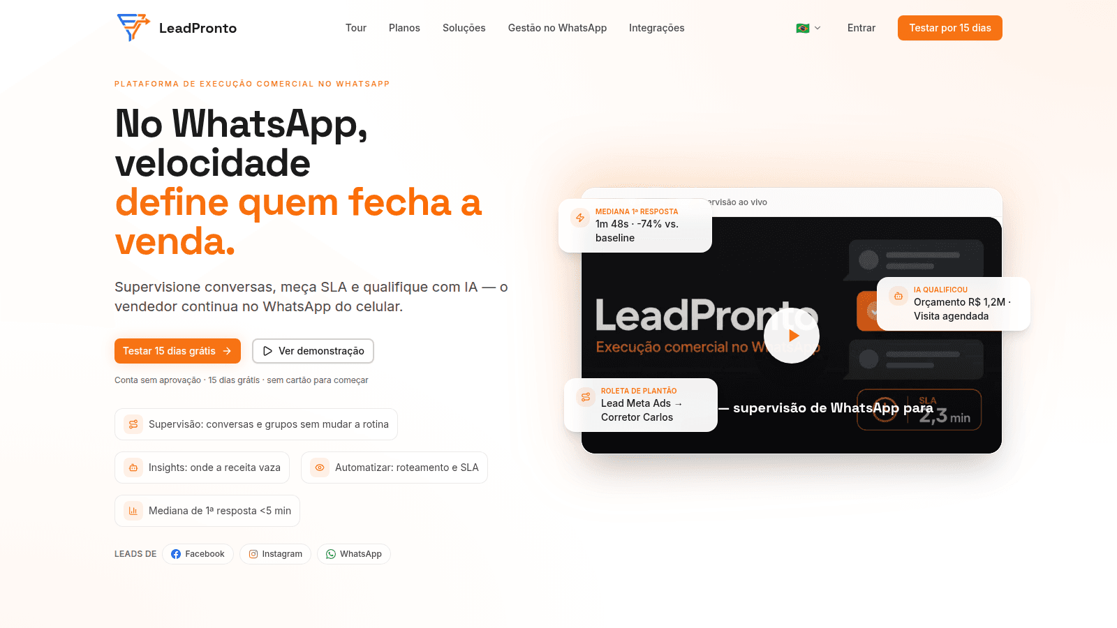 Página inicial do LeadPronto: execução comercial no WhatsApp, com supervisão e SLA